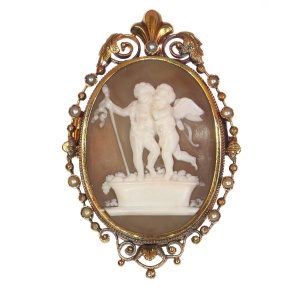 Victorian cameo brooch/pendant with locket depicting Cupid and Bacchus Stomp Grapes, Autumn after Thorvaldsen